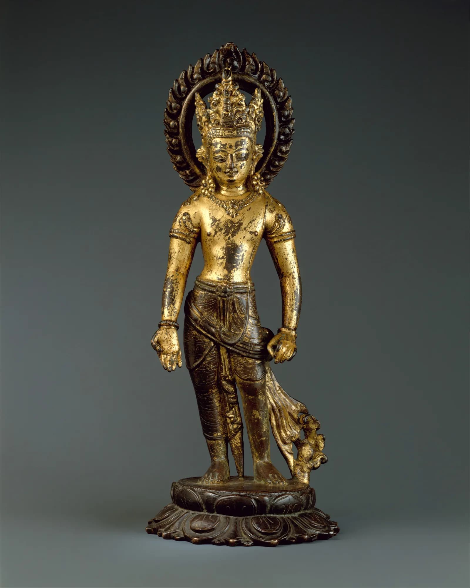 Avalokiteshvara, the Bodhisattva of Infinite Compassion — Nepal (Kathmandu Valley), 10th century. Museum reference image standing in for Shakyamuni Buddha, Fire-Gilt.